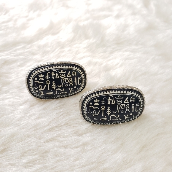 VINTAGE Large Hieroglyphics Egyptian Revival Cufflinks Etched Glass Cabochon - Picture 4 of 4